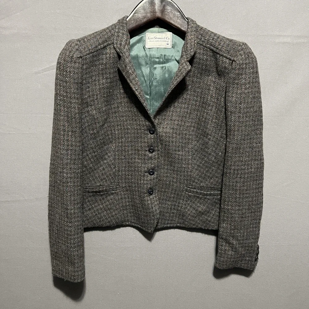 Vintage Levi Strauss & Co. Blazer Womens 14 Gray Wool Tweed Herringbone Lined - Picture 1 of 8